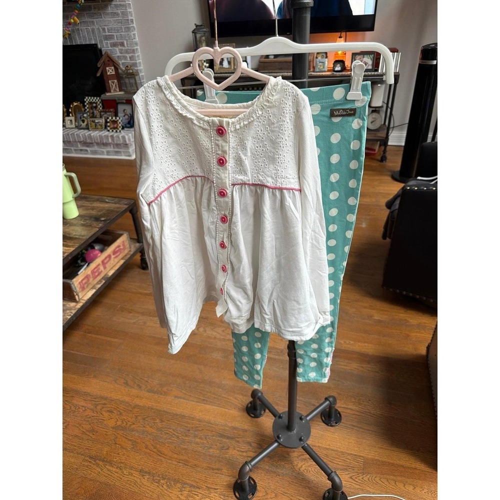Matilda Jane White Eyelet Tunic Top & Polka Dot Leggings Set girls 10